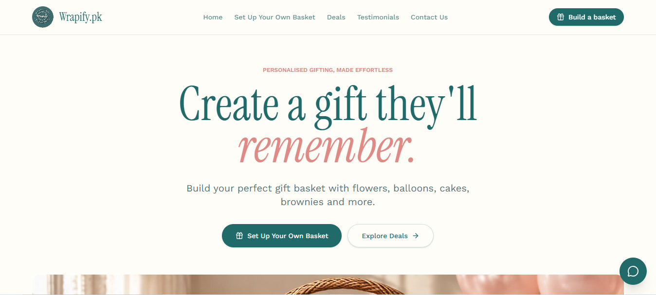 Wrapify website homepage — 'Create a gift they'll remember' gift basket builder