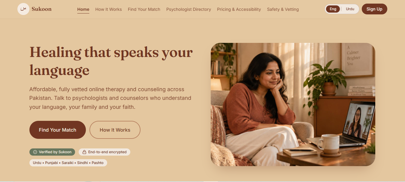 Sukoon website homepage — 'Healing that speaks your language' online therapy platform