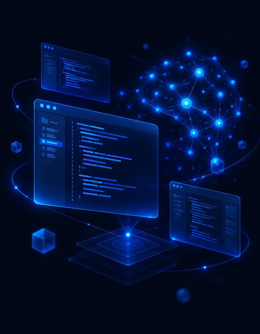 Glowing code windows and AI network illustration